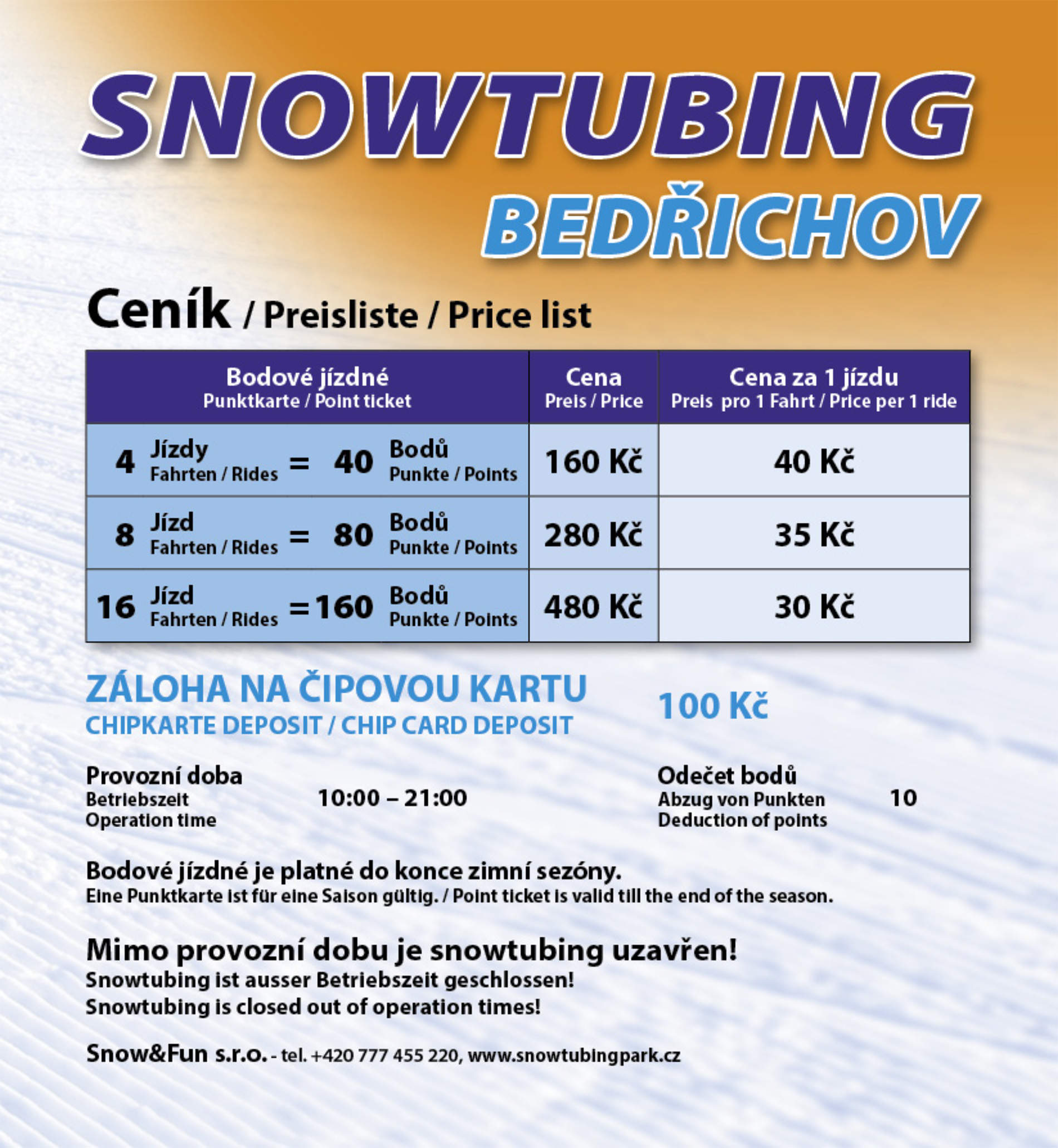 Ceník Snowtubing Špindlerův Mlýn