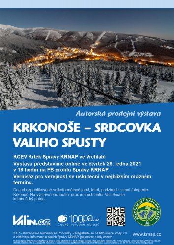 Od 28.1. - 2.3.2021 Pozvánka na prodejní výstavu velkoformátových fotografických obrazů "Krkonoše - srdcovka Valiho Spusty".